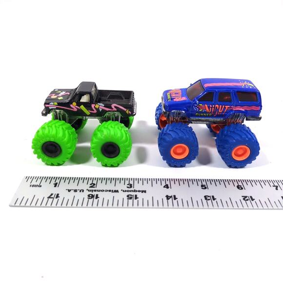 VTG Road Champs Monster Truck Lot Night Runner & Black Chevy Body w Green Tires - Picture 2 of 6